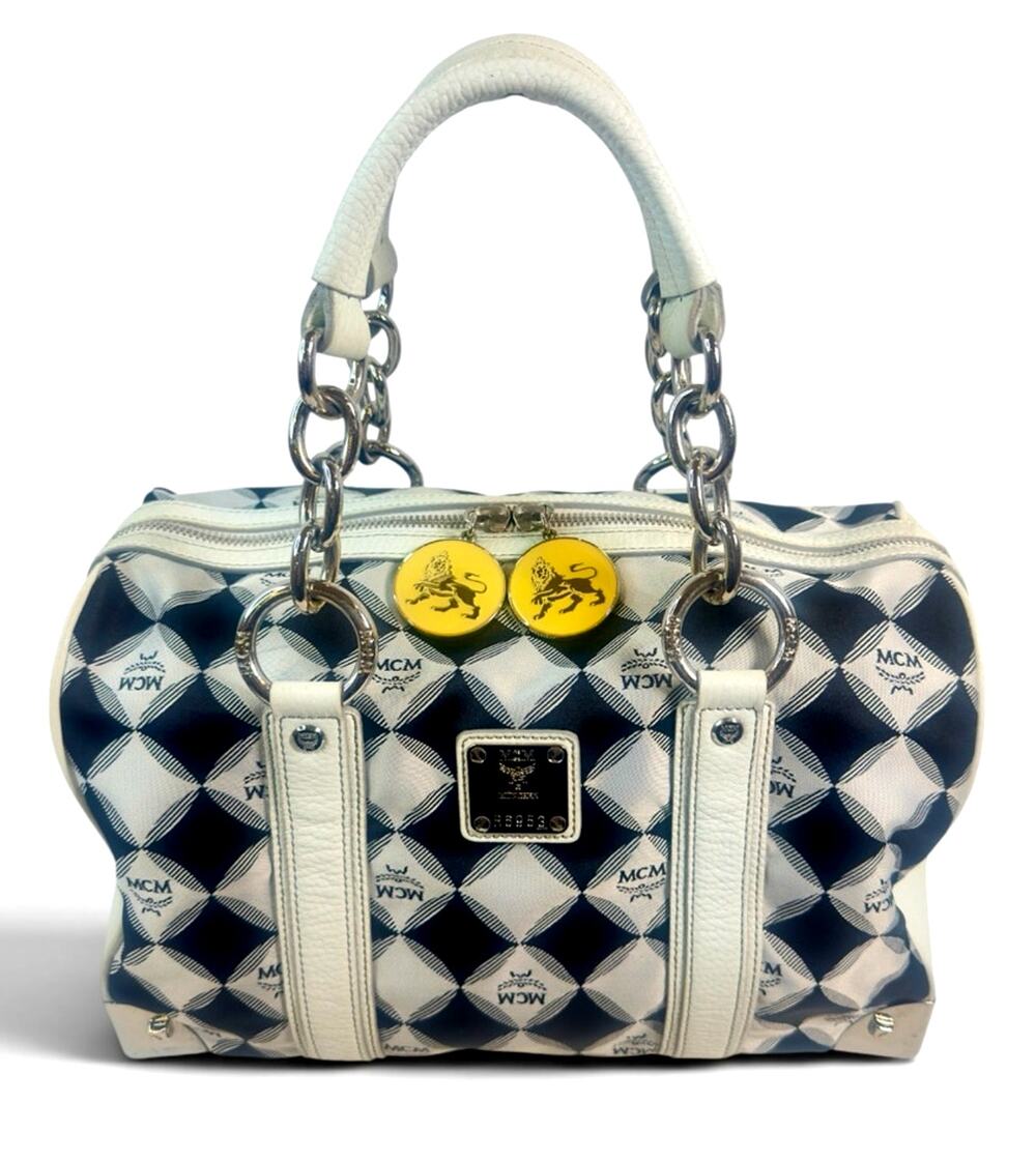 MCM Lioness Boston Bag Black White Nylon Leather Trim Silver Hardware ~ Rare